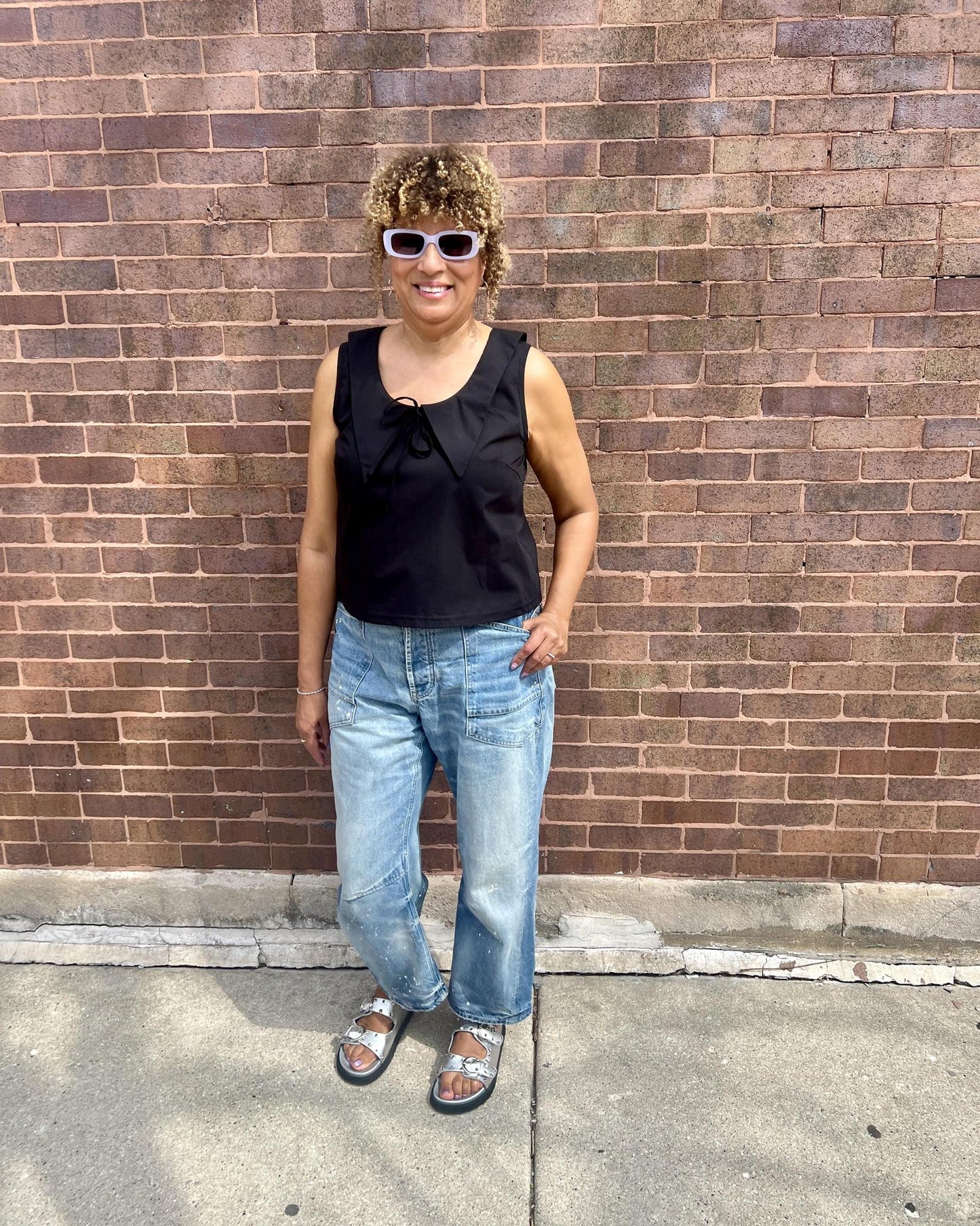 Squasht 70s Collared Tank in Solid Black with Collar & Bow