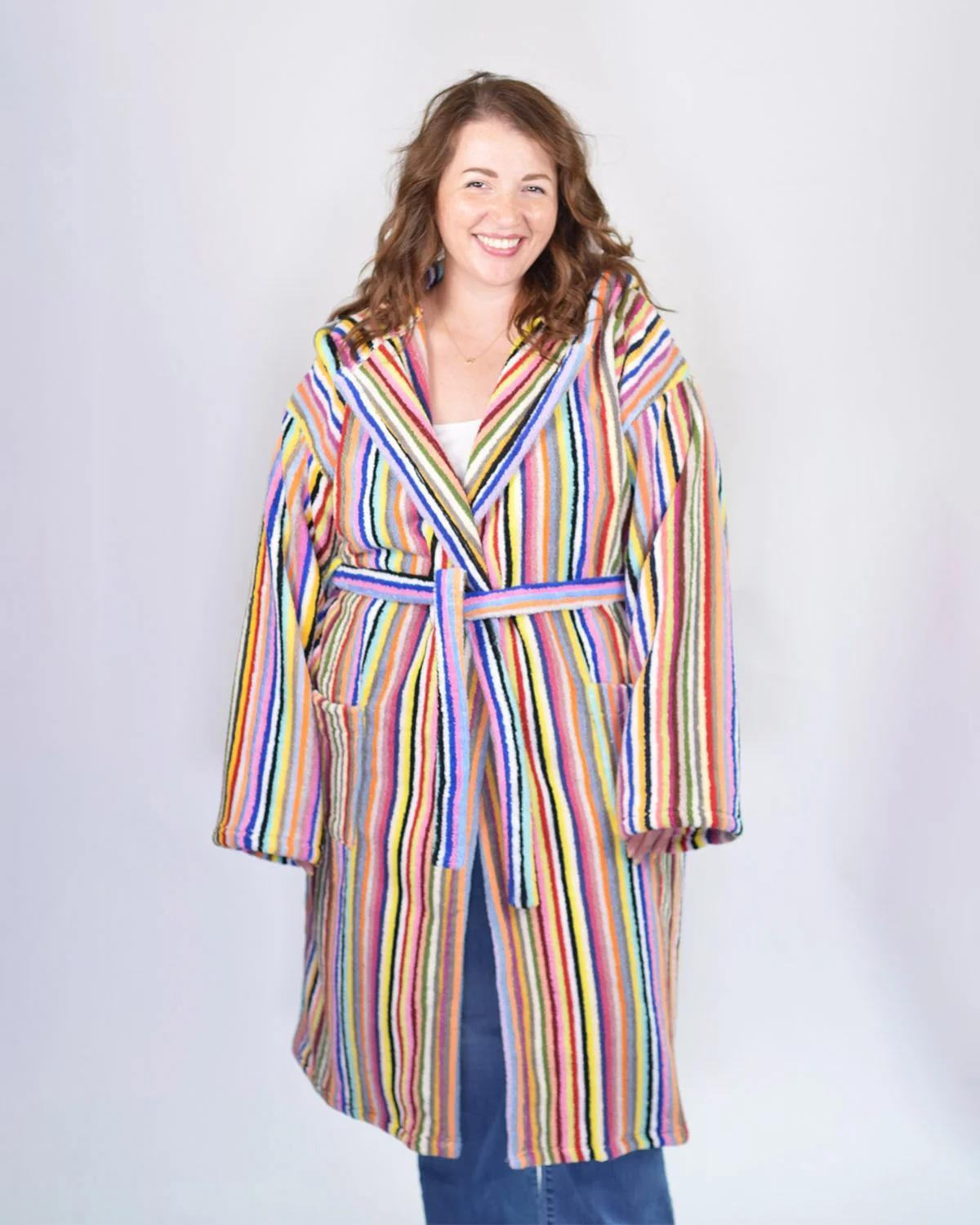Txtile Turkish Cotton Plush Hooded Terry Cloth Robe - Rainbow Stripes