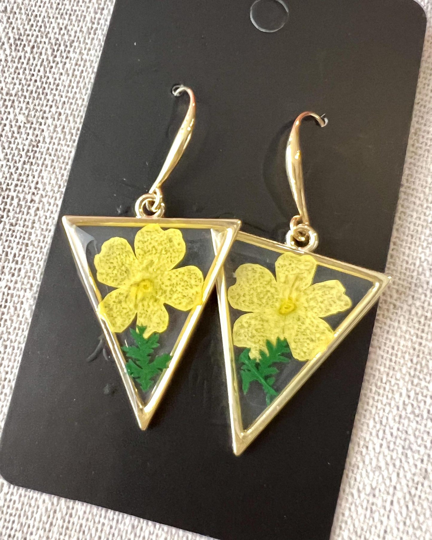 Pajaro Negro 24k Gold Fill Upside Down Triangle Earrings with Yellow Flower
