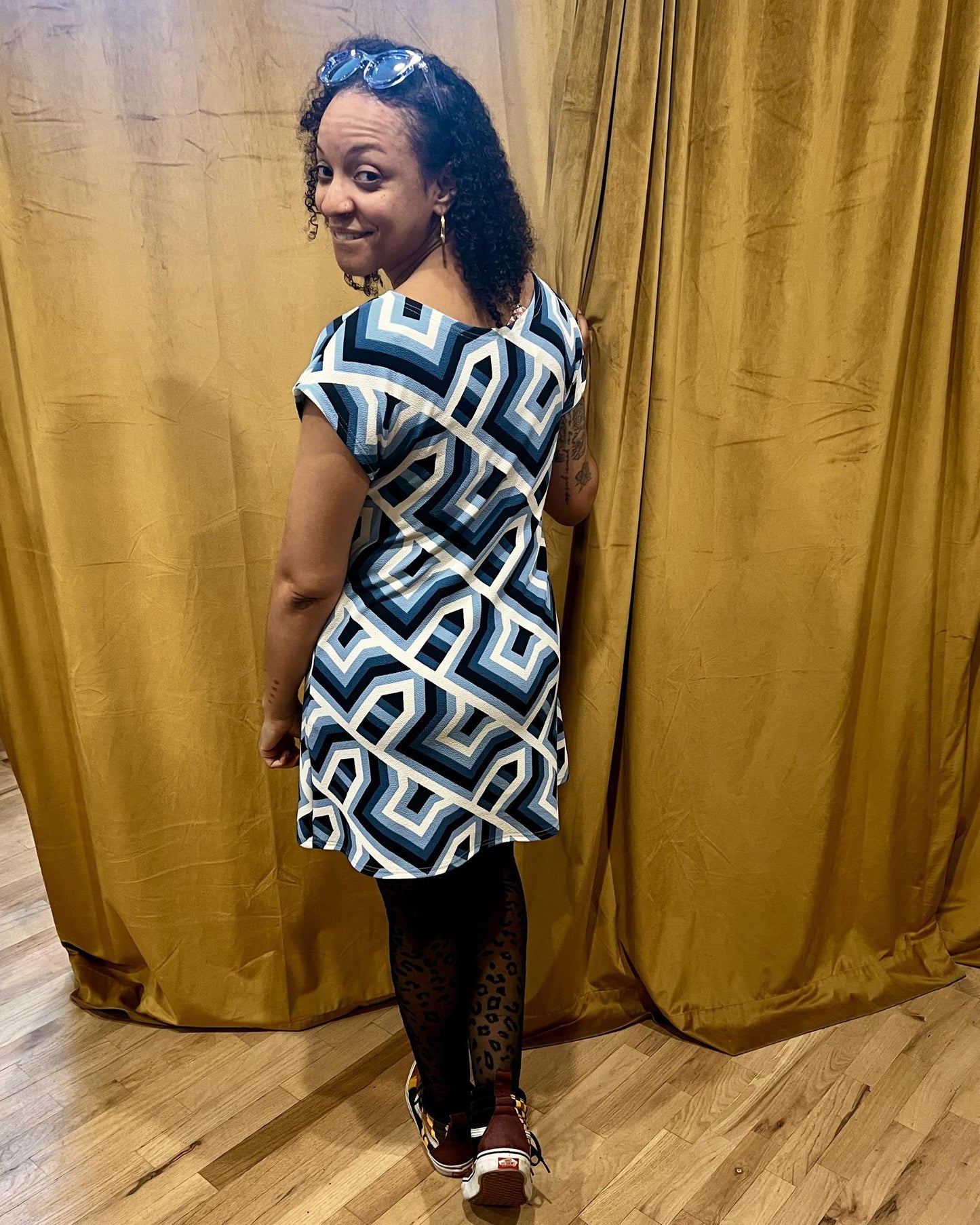 Fayru Faye Dress in Navy and White Geometric