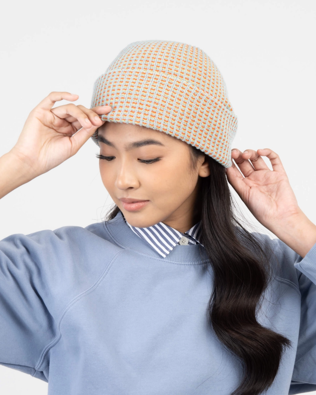 Verloop Simple Grid Rib Knit Beanie Hat in Stone Blue