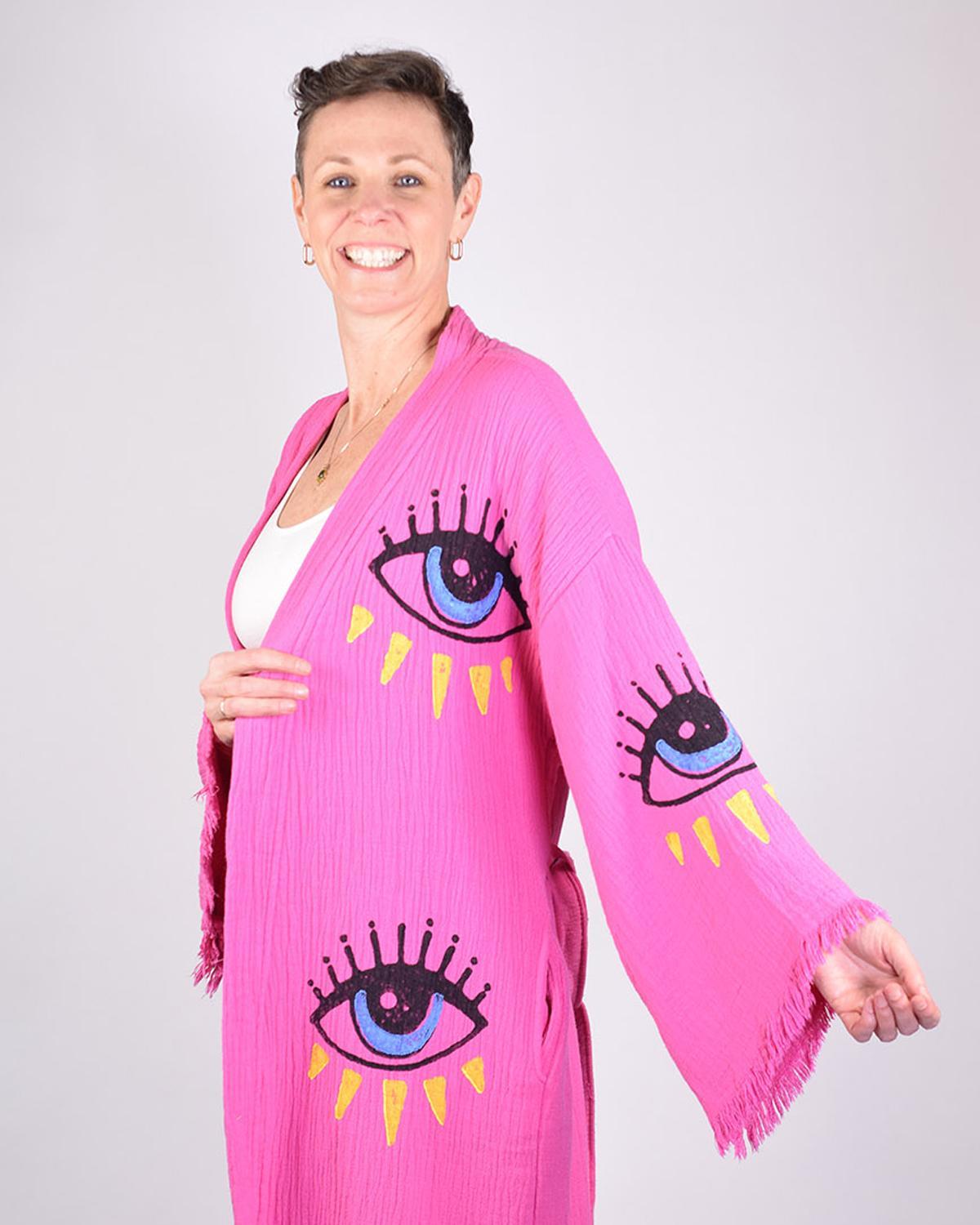 Txtile Luxury Turkish Cotton Evil Eye Kimono/Robe - Pink Dahlia