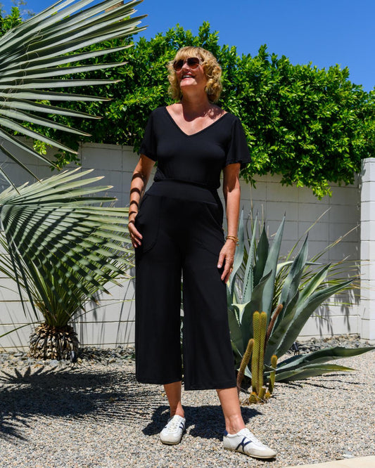 Squasht Jumpsuit with Bell Sleeves in Solid Black