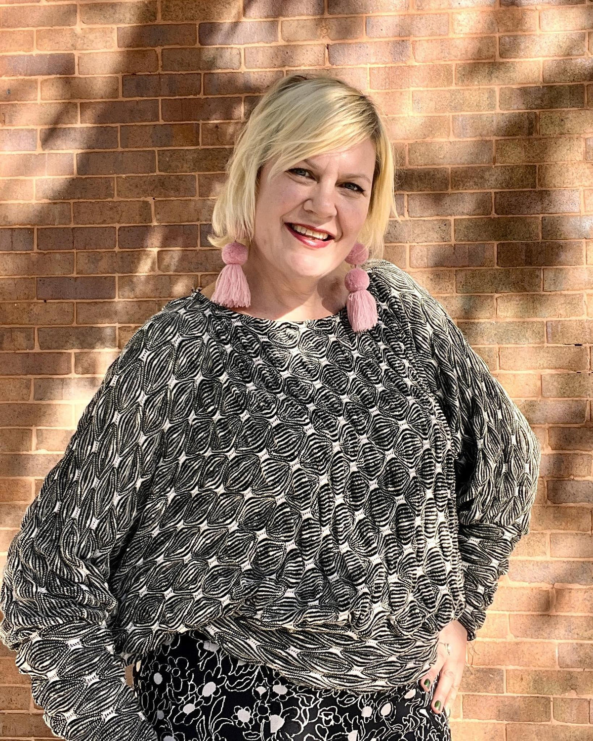 Squasht Batwing Sweater in Textured Black and White Diamond Print Knit - Size Medium, XL