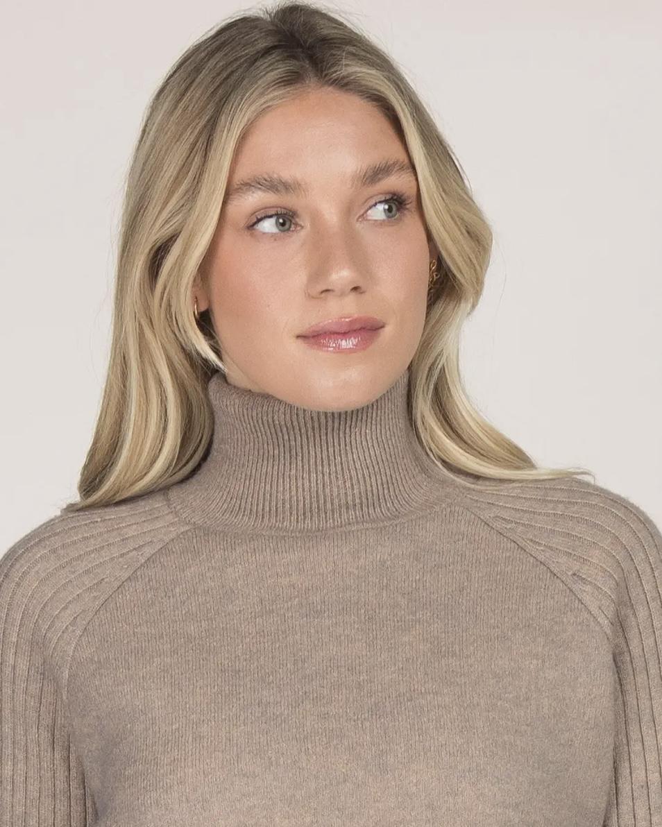 M Rena Ribbed Ragland Cropped Turtleneck Sweater in Camel