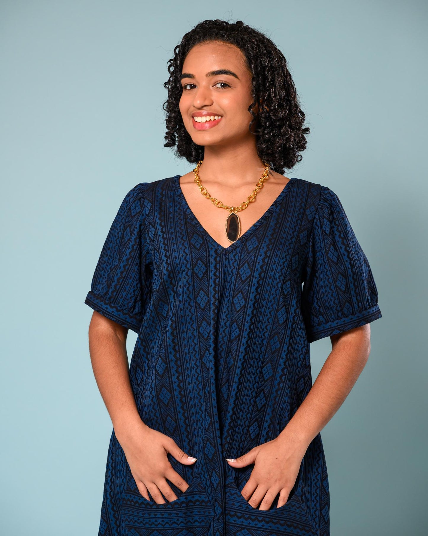 Squasht Winifred Dress Blue & Black Geo Print