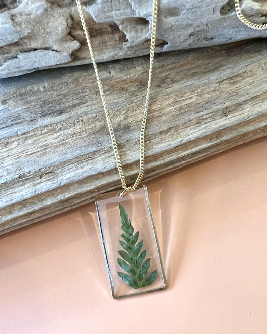 Pajaro Negro 18k Gold Fill Fern in Resin Pendant Necklace