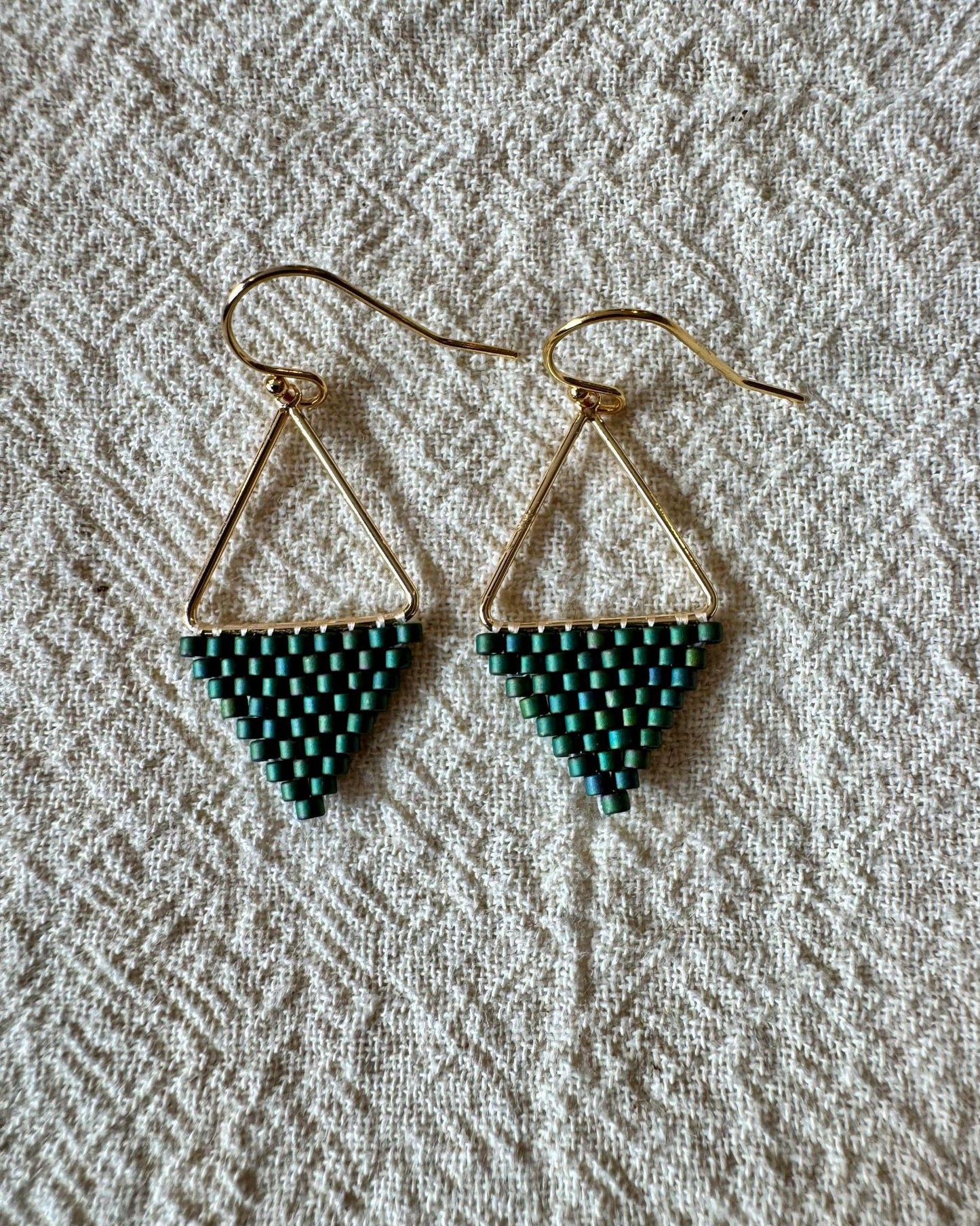 SV Beads Small Japanese Beaded Triangle Earrings in Forest Green