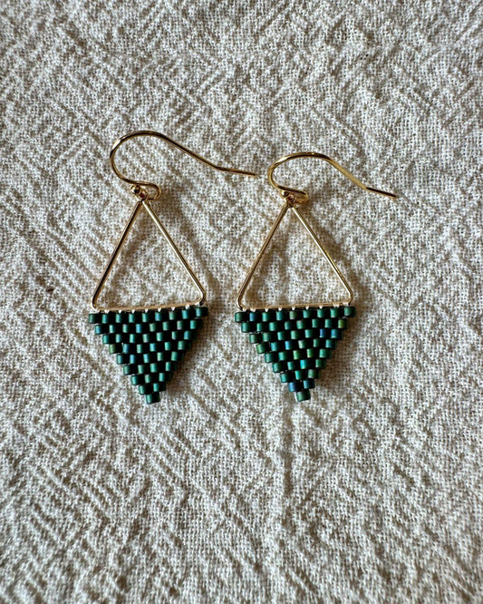 SV Beads Small Japanese Beaded Triangle Earrings in Forest Green