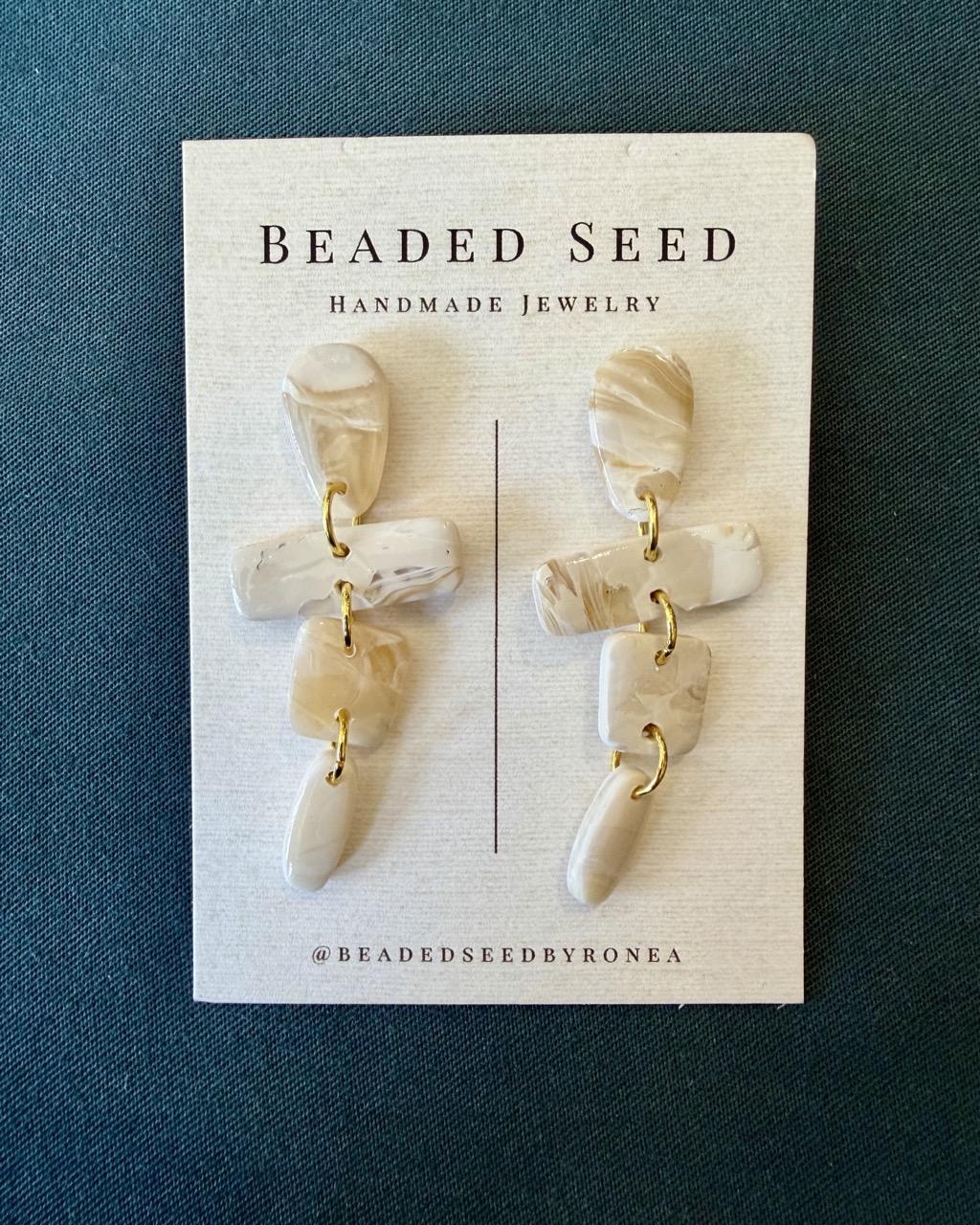 Beaded Seed by Ronea Marbled White Dangle Stud Earrings