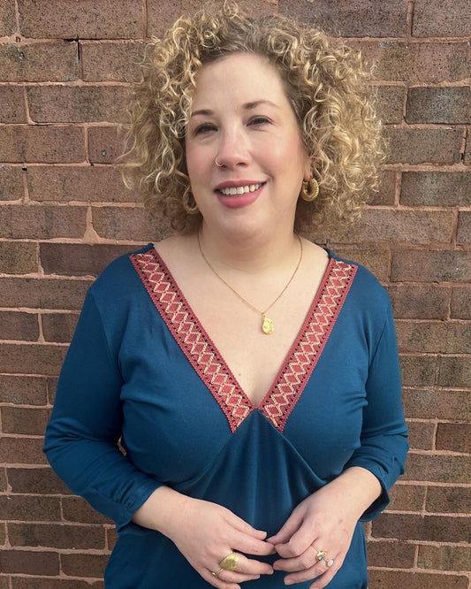 Squasht Drea Draped Dress in Teal with Berry & Pink Vintage Trim