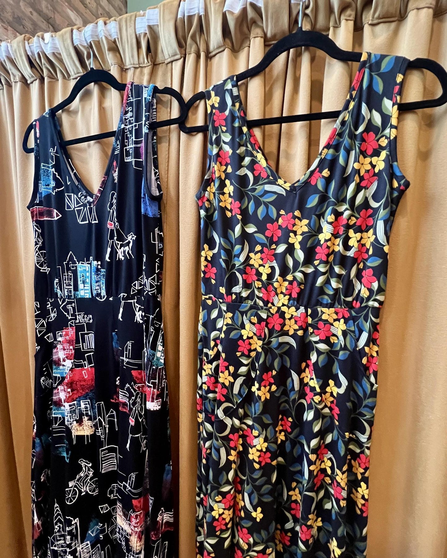 Squasht Maxi Dress Black with City Girl, Bike, and Dog Print - Size Small, Medium