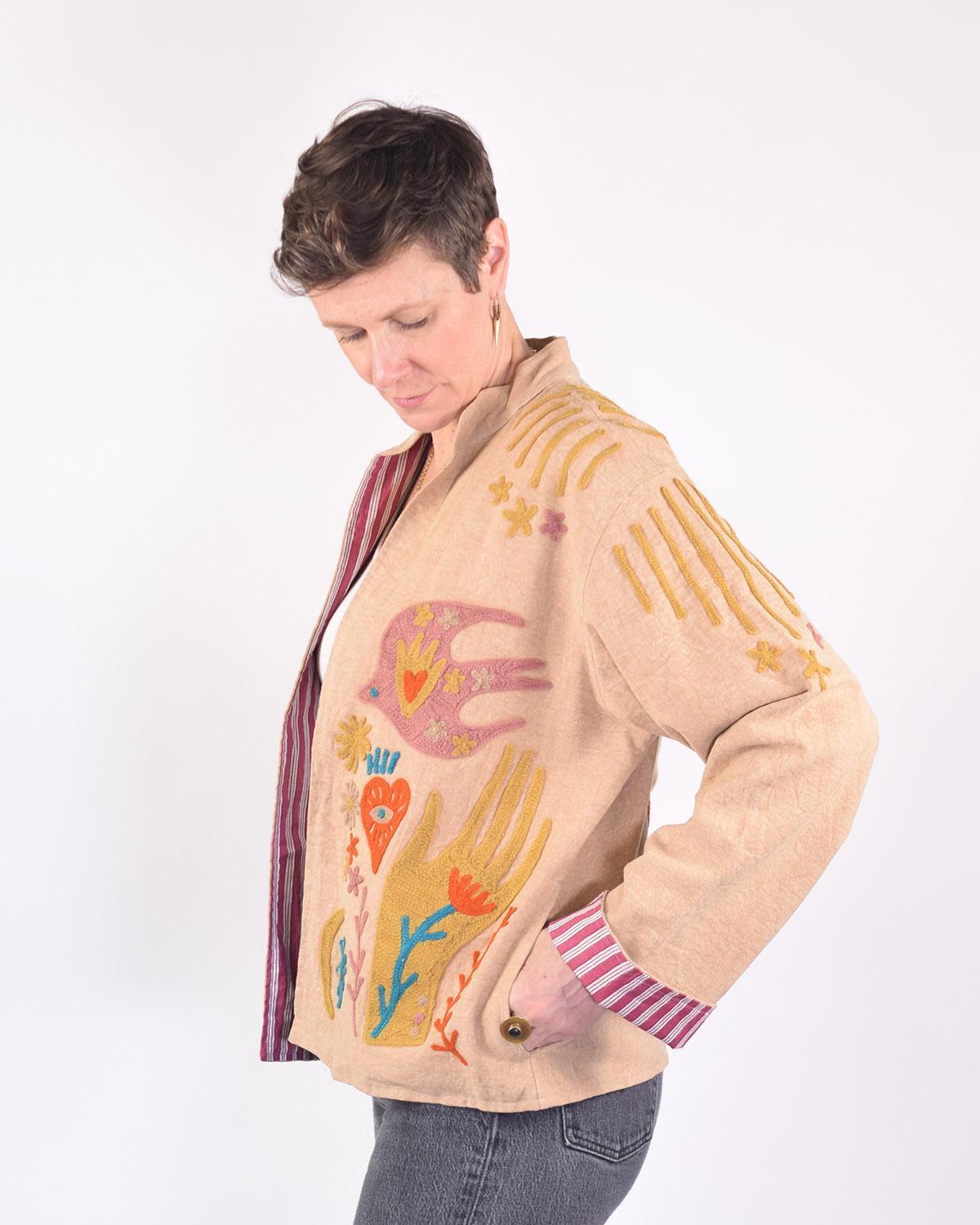 Txtile Dusty Taupe Lightweight Peace and Love Motif Canvas Embroidered Jacket