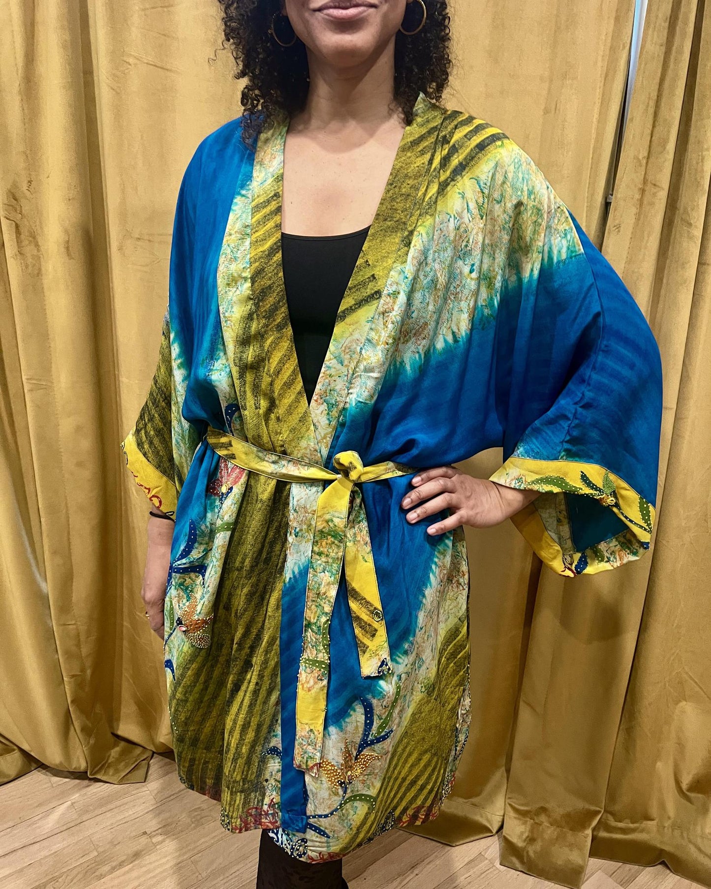 Indie Ella Kimono Flowy Silk Duster in Blue Lagoon