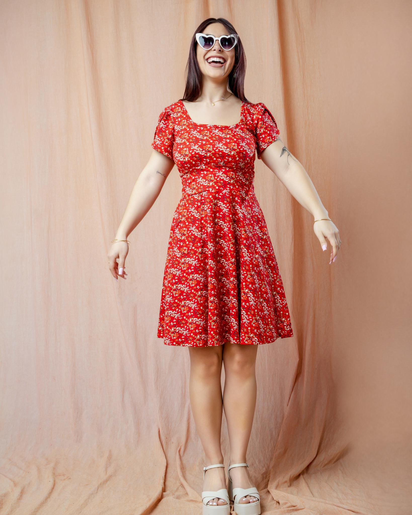 red ditsy floral dress Squasht Petal Sleeve Dress in Scarlet Red Ditsy Floral Print XS