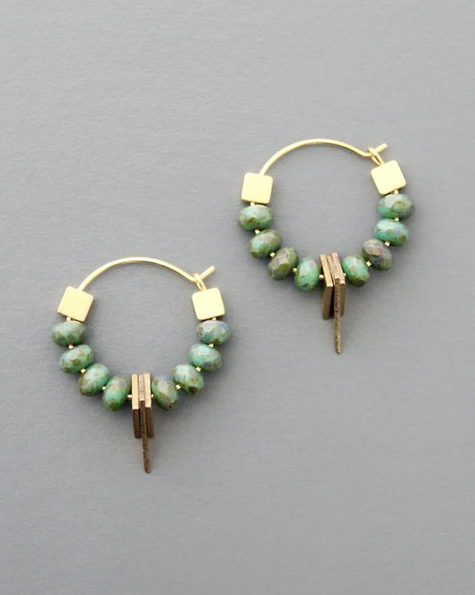 David Aubrey Green Glass and Brass Hoop Earrings