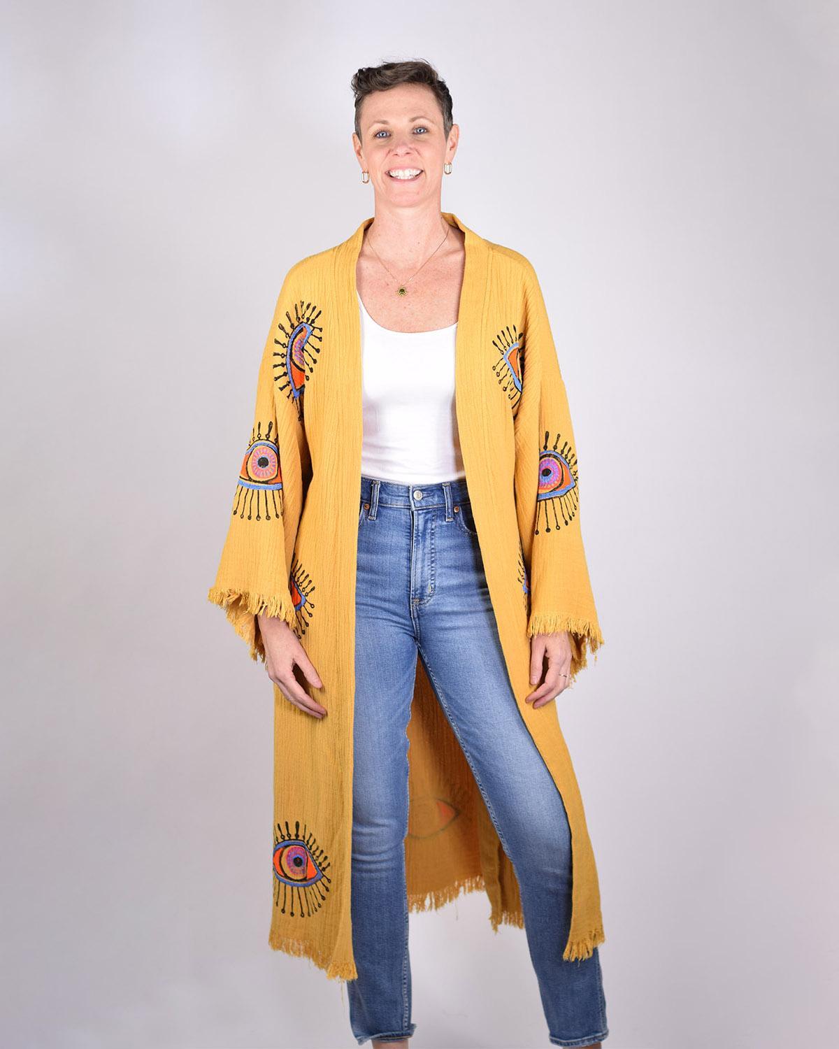 Txtile Luxury Turkish Cotton Evil Eye Kimono/Robe - Yellow Ochre