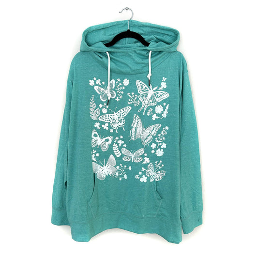 Mad Love Light Aqua Teal Funnel Neck Long sleeve Hoodie with Moths and Butterflies - size 3XL