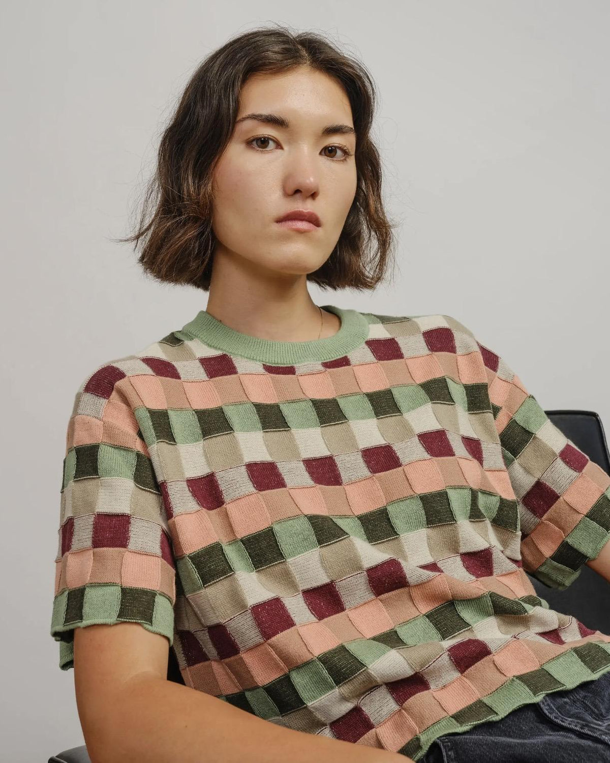 The Endery Sonia Short Sleeve Sweater Tee in Zephyr (Sage/Peach/Cream)