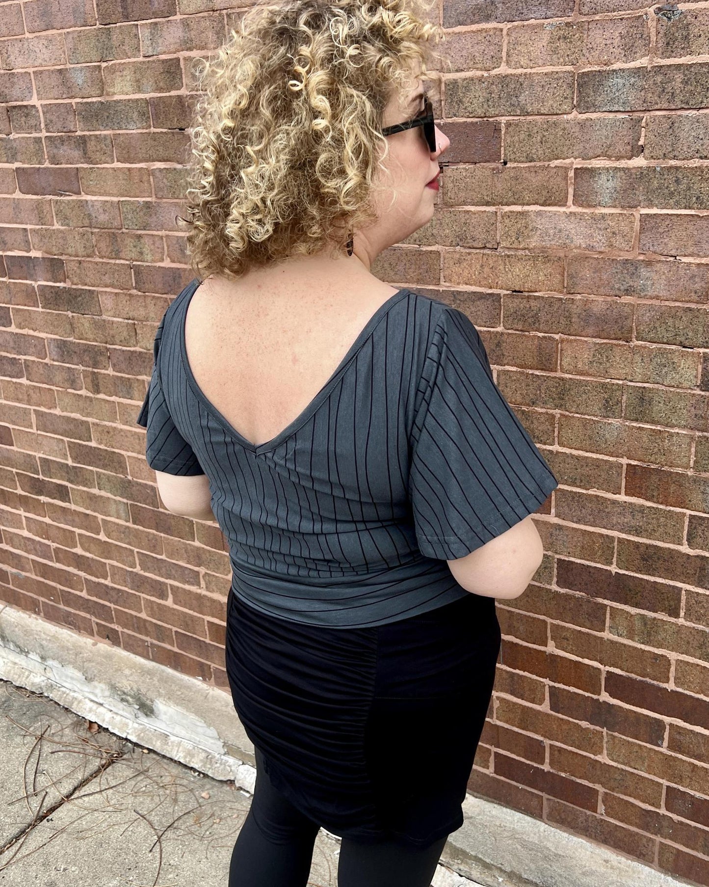 Squasht Bell Sleeve Ballet Top in Gray Lines Print