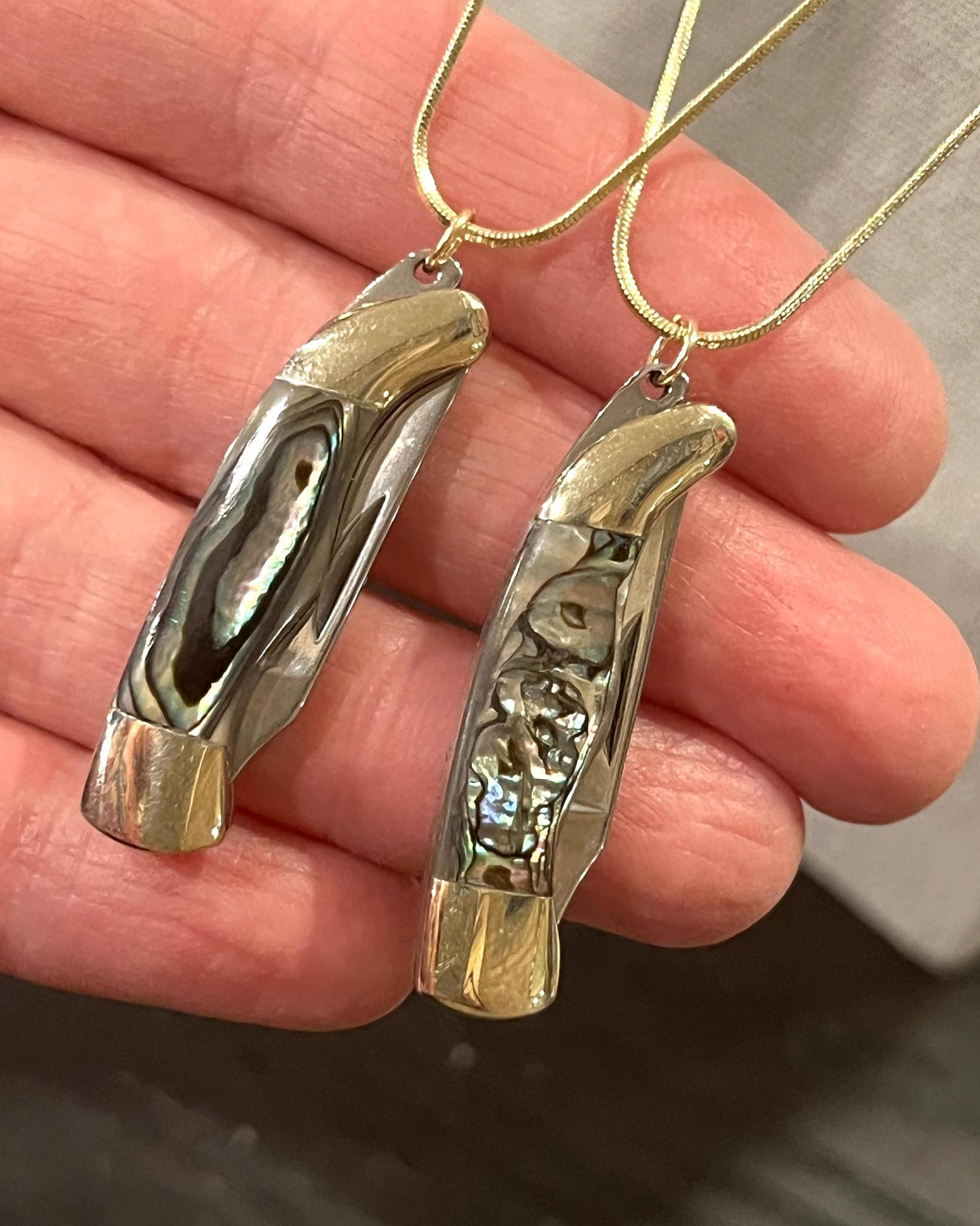 1979 Jewelry Knife Necklace 1.5 inch Multi Colored Abalone - 14kt GF chain