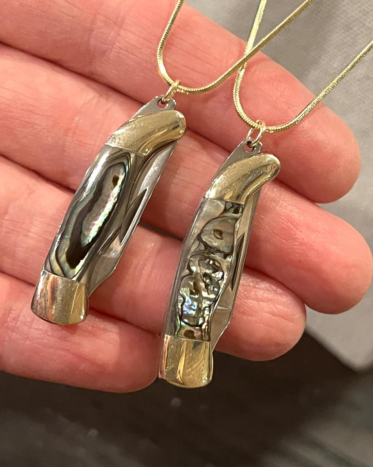 1979 Jewelry Knife Necklace 1.25-inch Multi Colored Abalone - 14kt GF chain