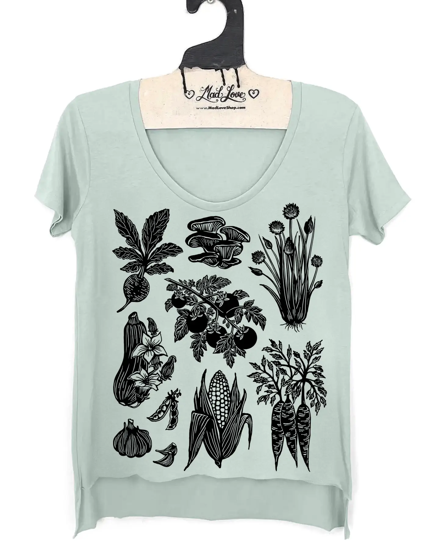 Mad Love Sea Foam Scoop Hi Lo Tee with Vegetable Garden Screen Print