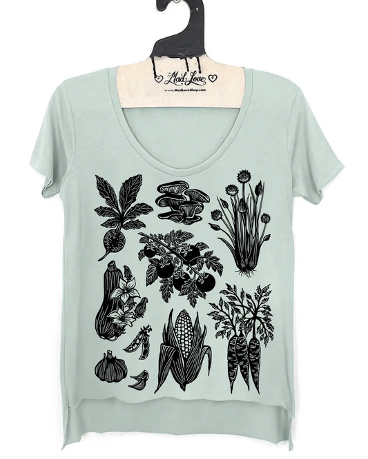 Mad Love Sea Foam Scoop Hi Lo Tee with Vegetable Garden Screen Print