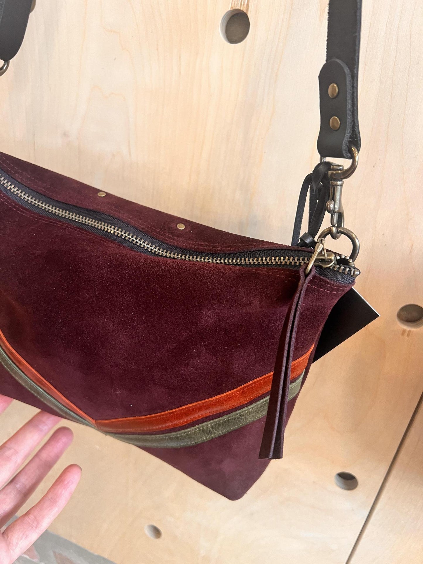 Vallente Leather Chevron Handbag - Plum Suede with Rust and Olive Chevron Details