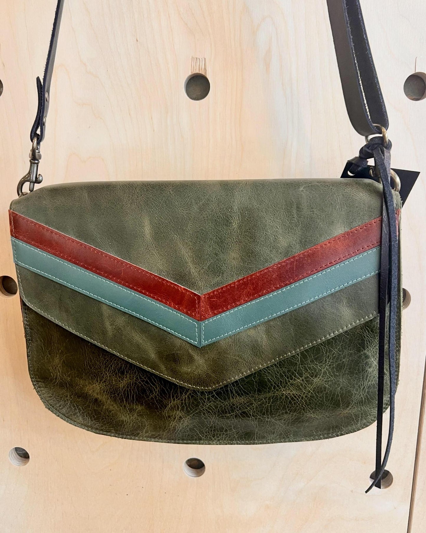 Vallente Leather Chevron Handbag - Oive Green Leather with Teal and Rust Chevrons