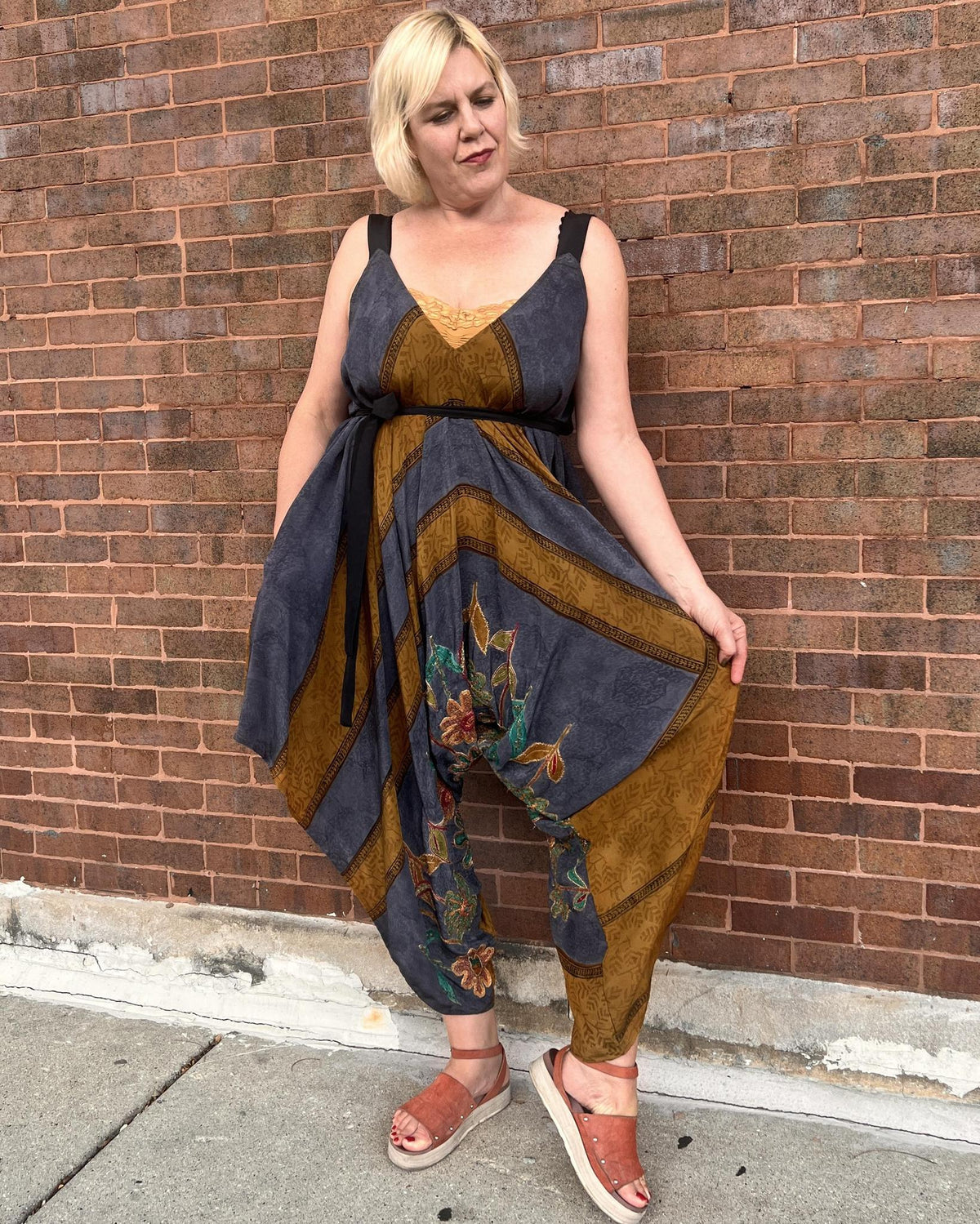 Indie Ella Zatanna Boho Silk Jumpsuit in Slate & Earth
