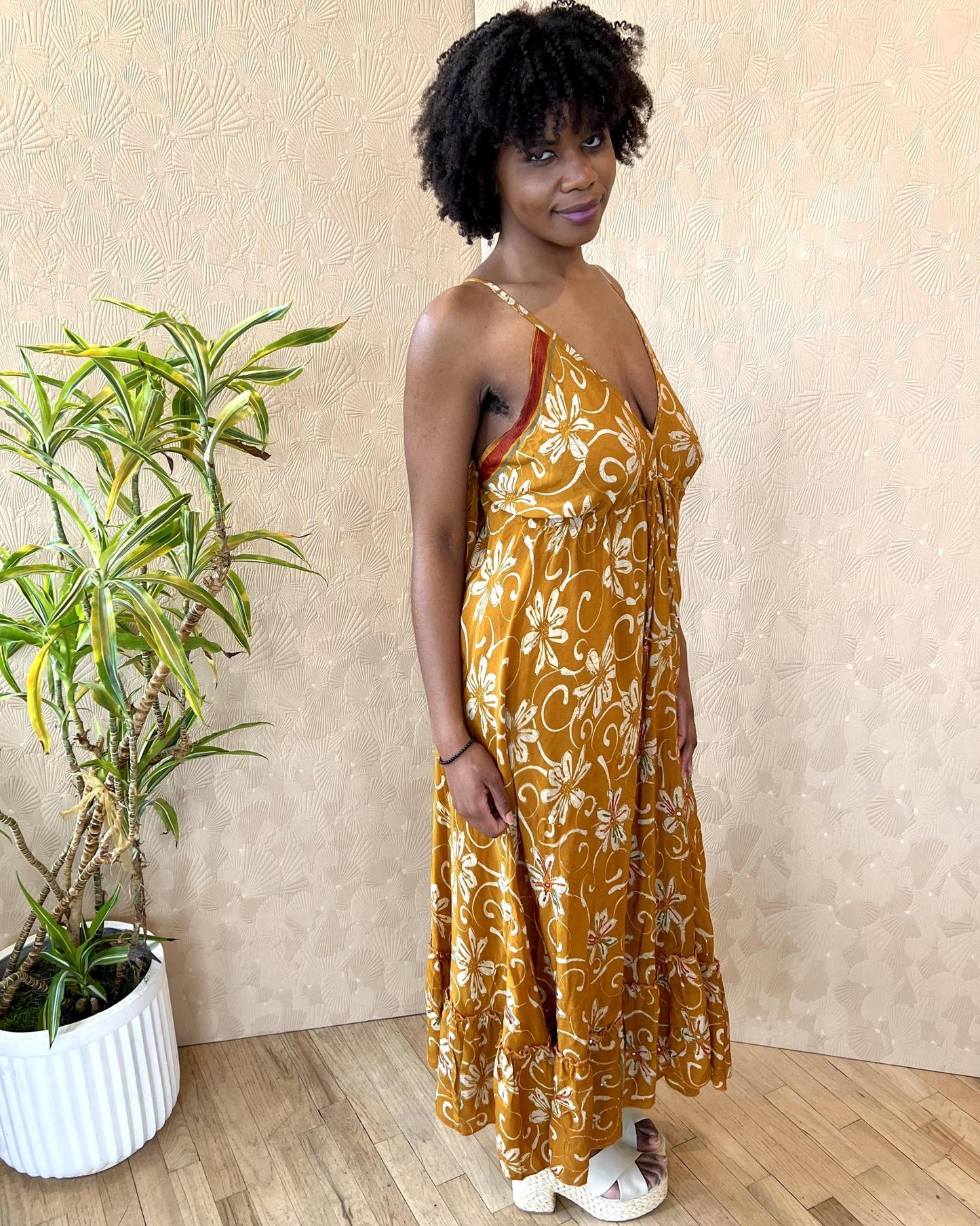Indie Ella Harlow Strappy Silk Dress in Warm Ochre Floral