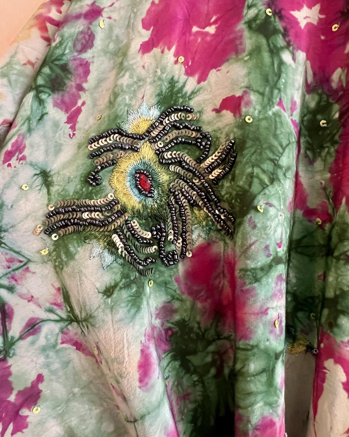 Indie Ella Double Flannery Lined Crepe Silk Kimono in Pink & Green Tie Dye
