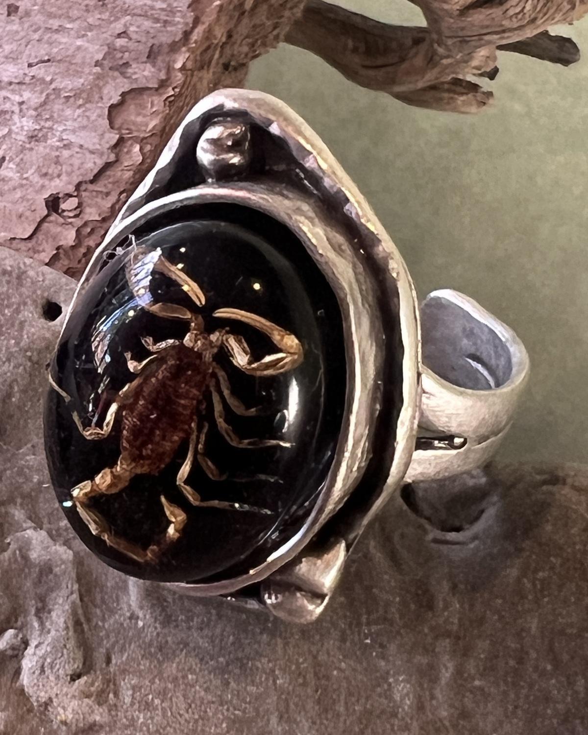 Pajaro Negro Scorpion Antiqued Silver Ring