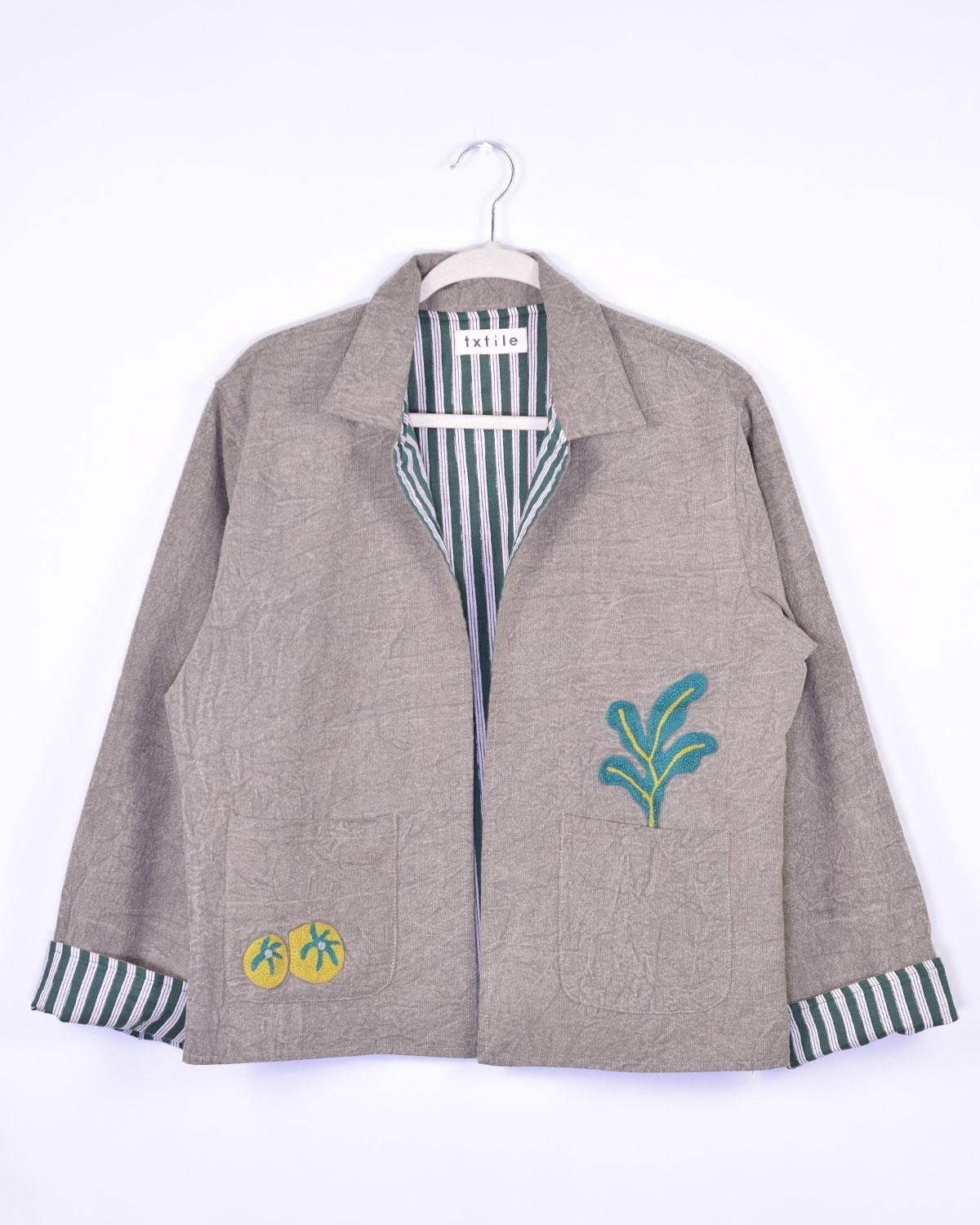 Txtile Dusty Gray/Brown Lightweight Garden Motif Canvas Embroidered Jacket