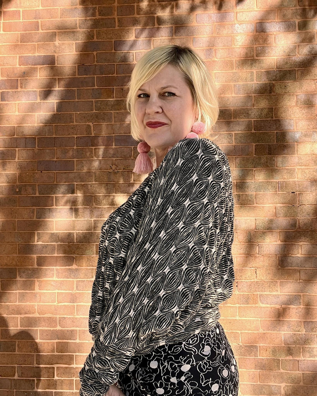 Squasht Batwing Sweater in Textured Black and White Diamond Print Knit - Size Medium, XL