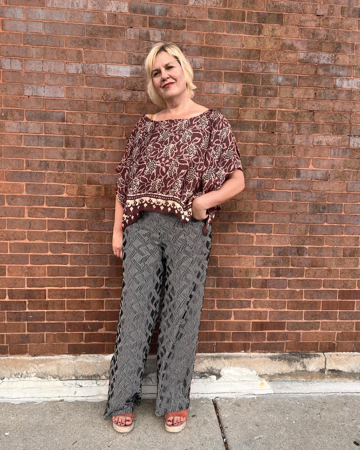 Indie Ella Tessa Flowy Silk Top in Plum and Cream Batik Print