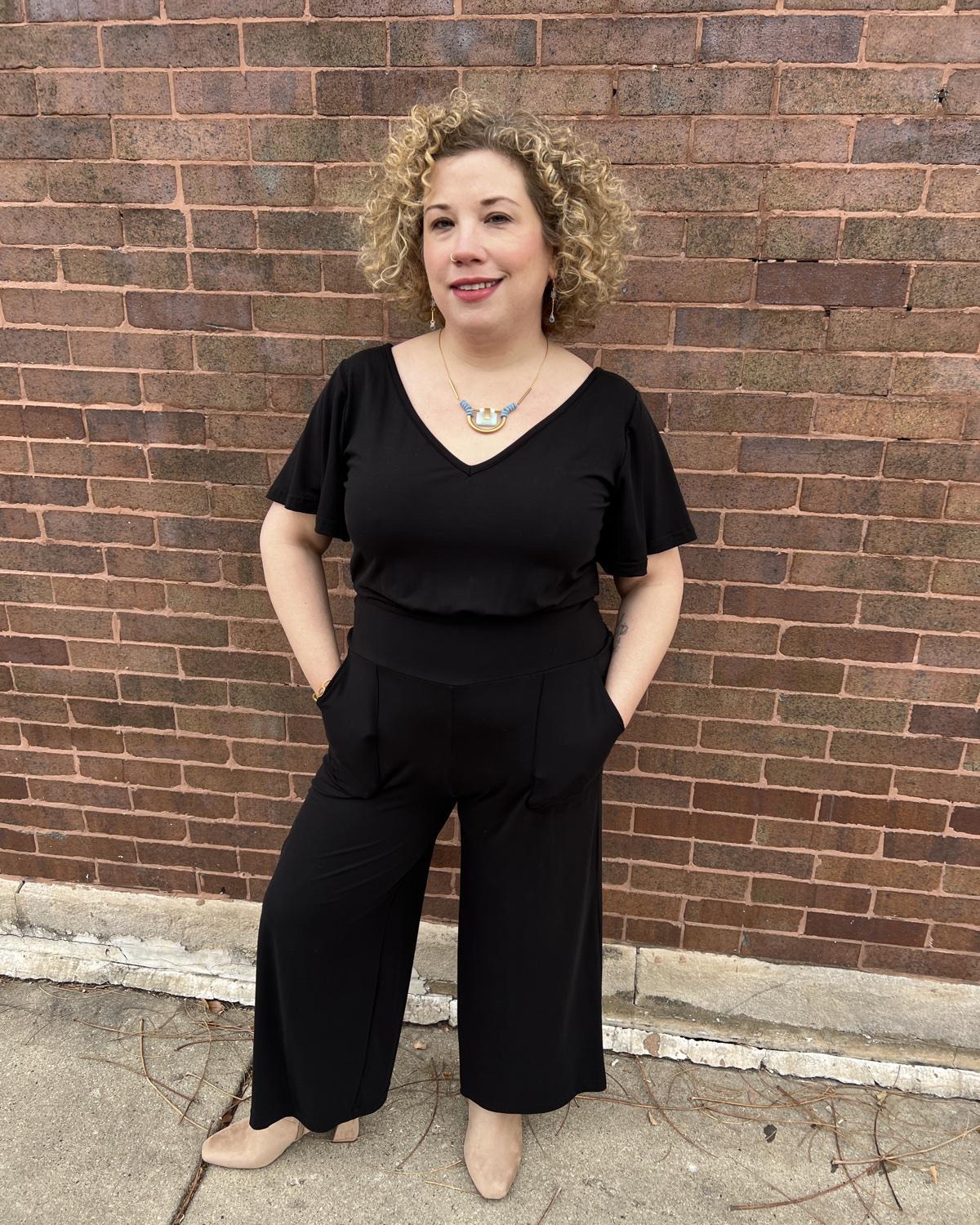 Squasht Jumpsuit with Bell Sleeves in Solid Black