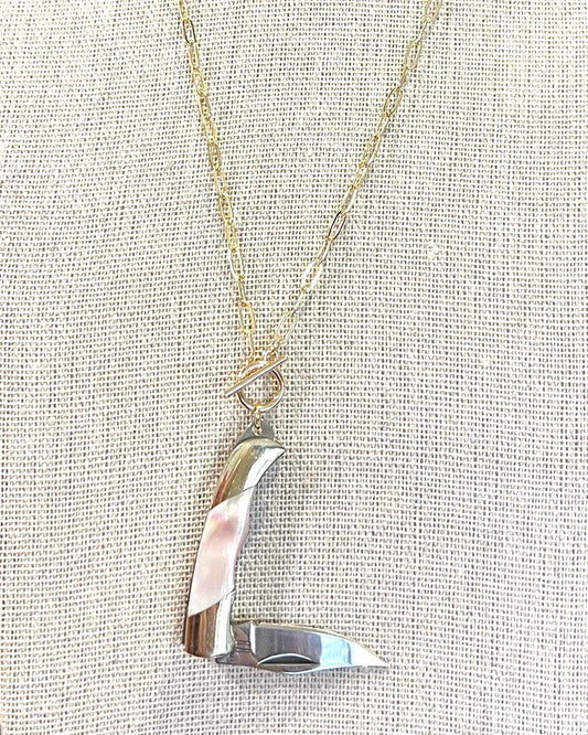 1979 Jewelry Knife Necklace 1.5 inch Mother of Pearl - 14 kt GF chain