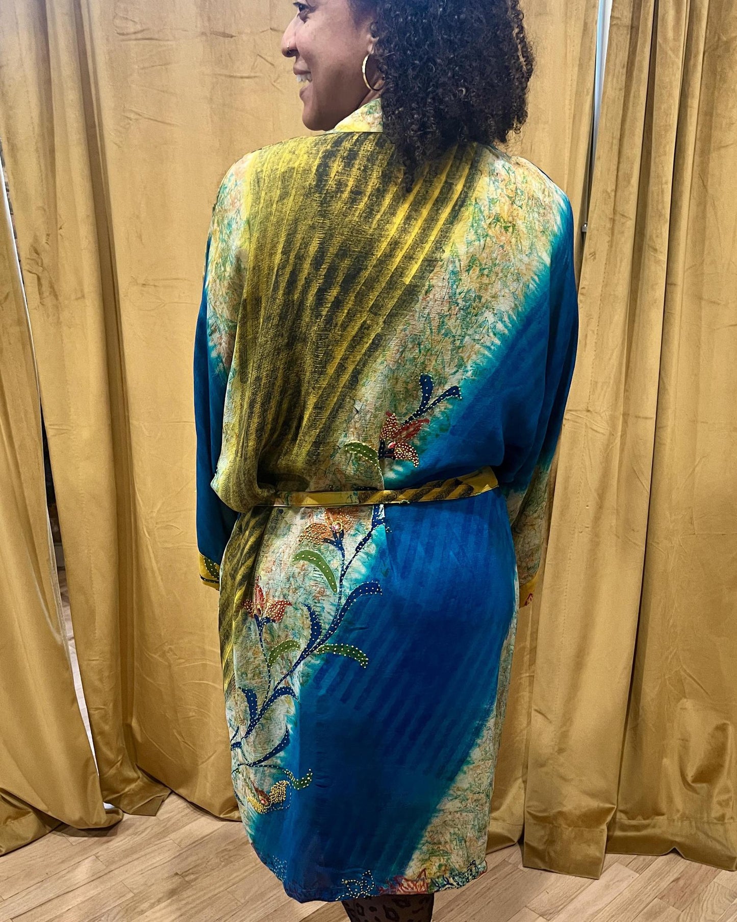 Indie Ella Kimono Flowy Silk Duster in Blue Lagoon