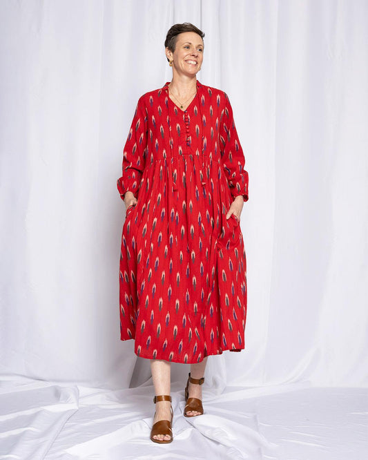 Txtile Arabella Resort Dress in Crimson Red Ikat