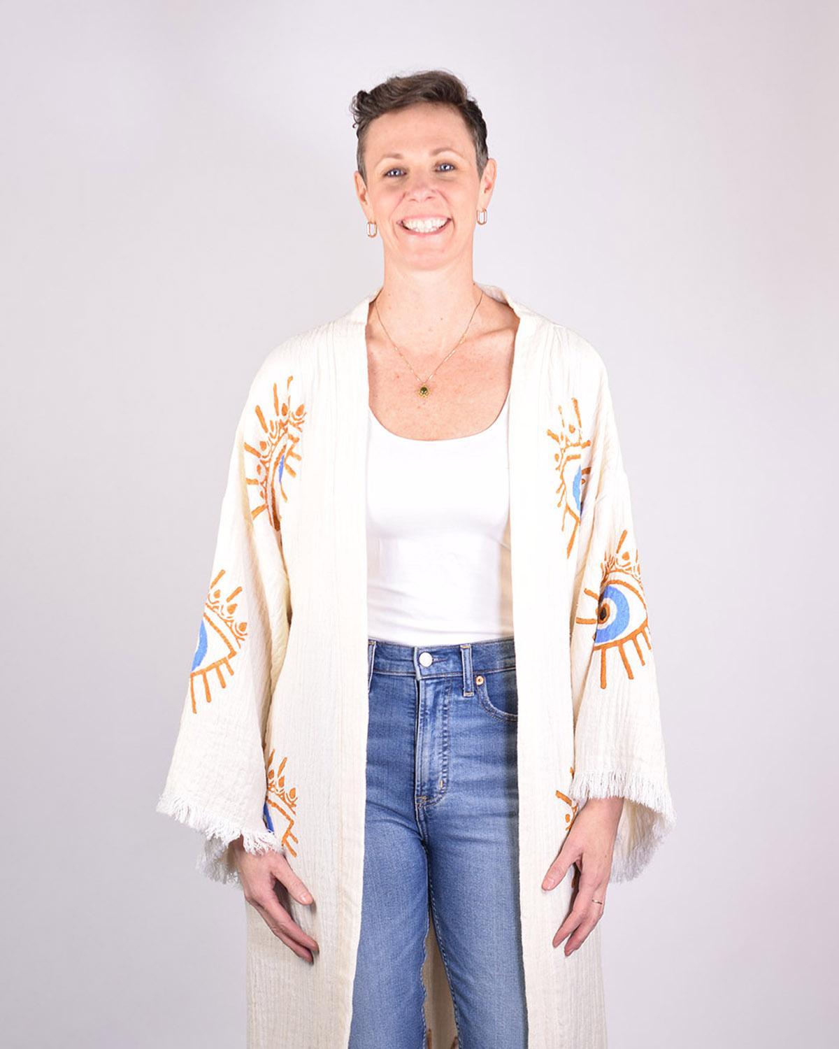 Txtile Luxury Turkish Cotton Evil Eye Kimono/Robe - Cream with Gold Eyes