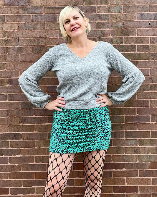 Squasht Ruched Mini Skirt In Green with Black Paint Dots