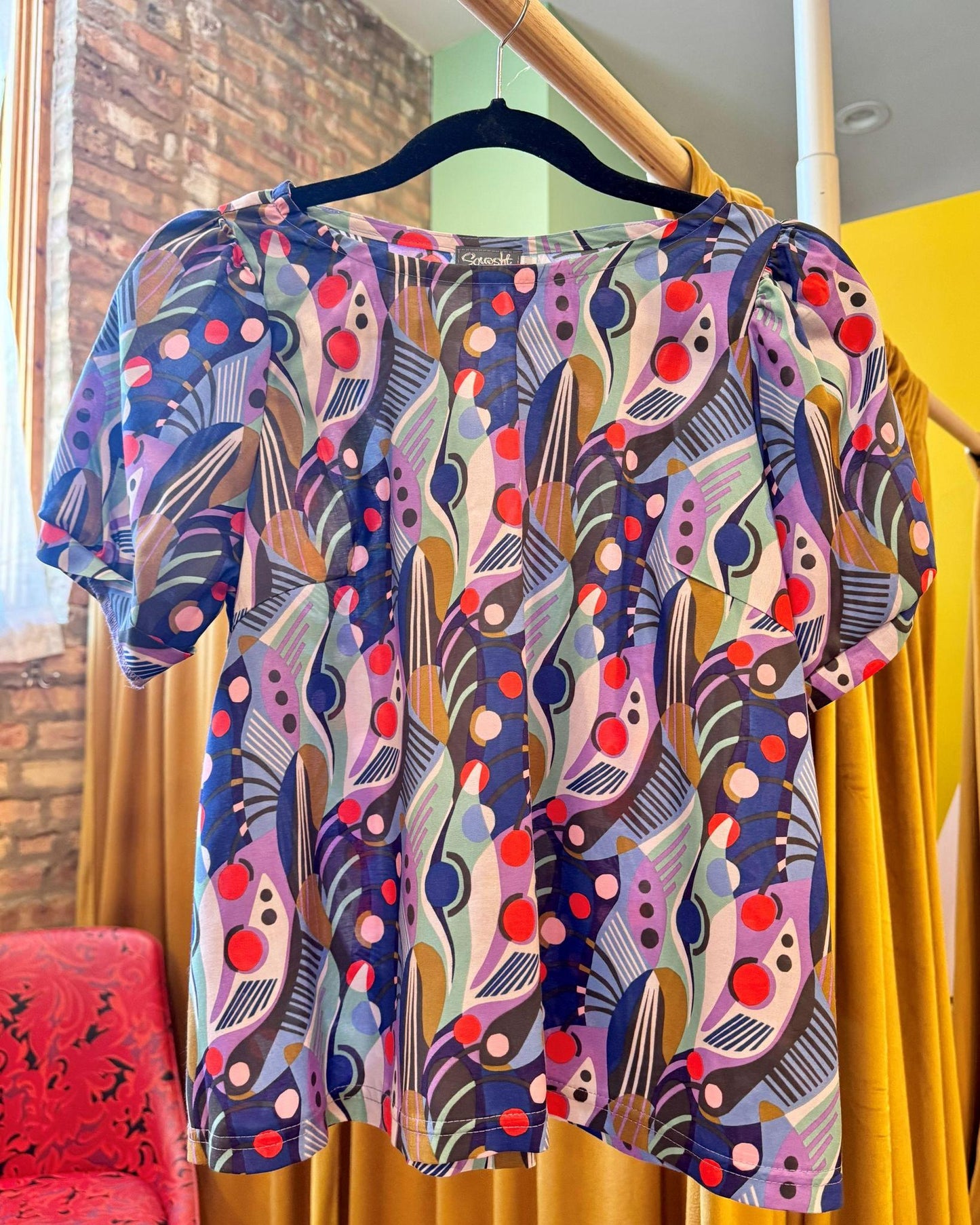 Squasht Puff Sleeve Top in Violet Geo