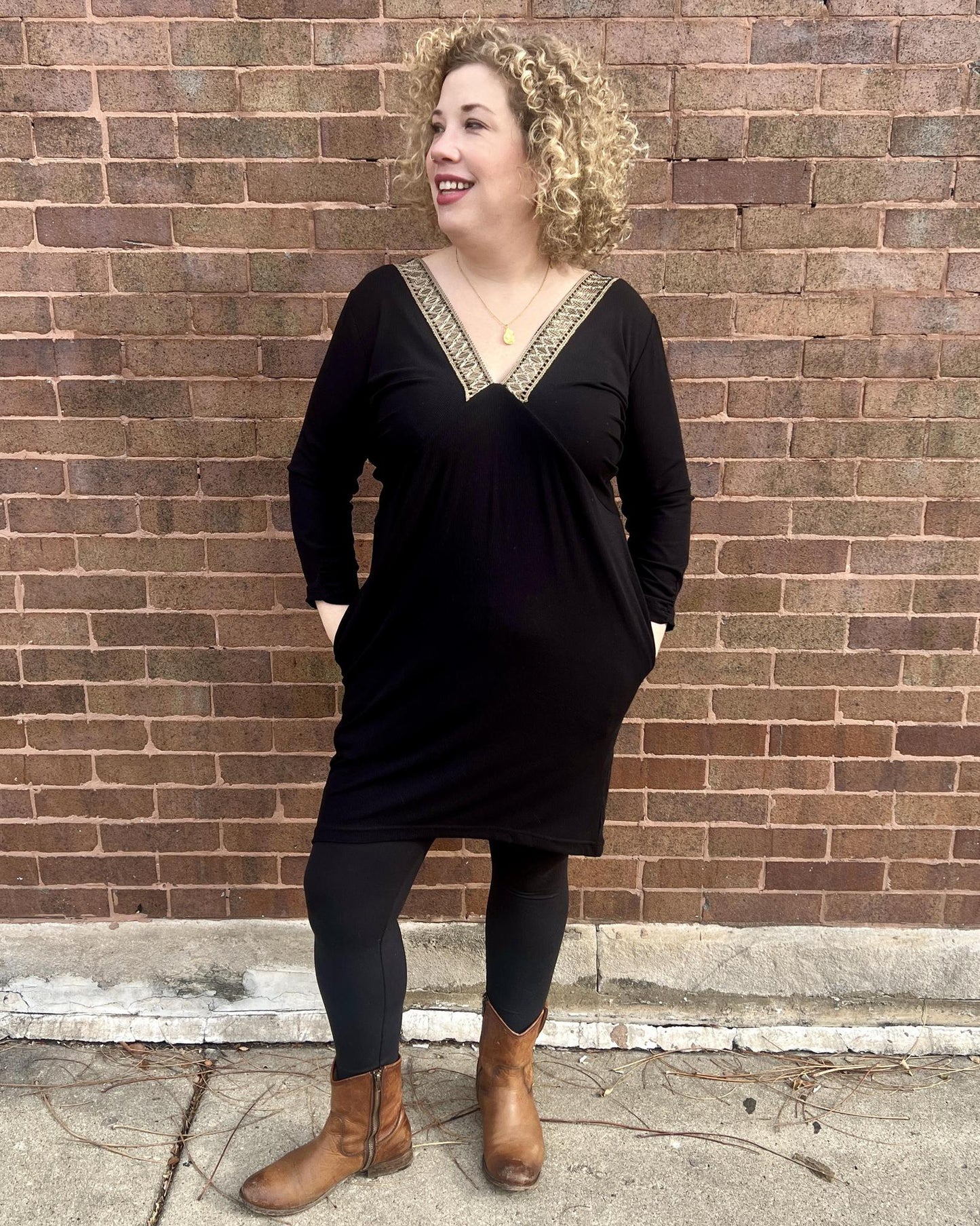 Squasht Drea Draped Dress in Black with Sage & Gold Vintage Trim