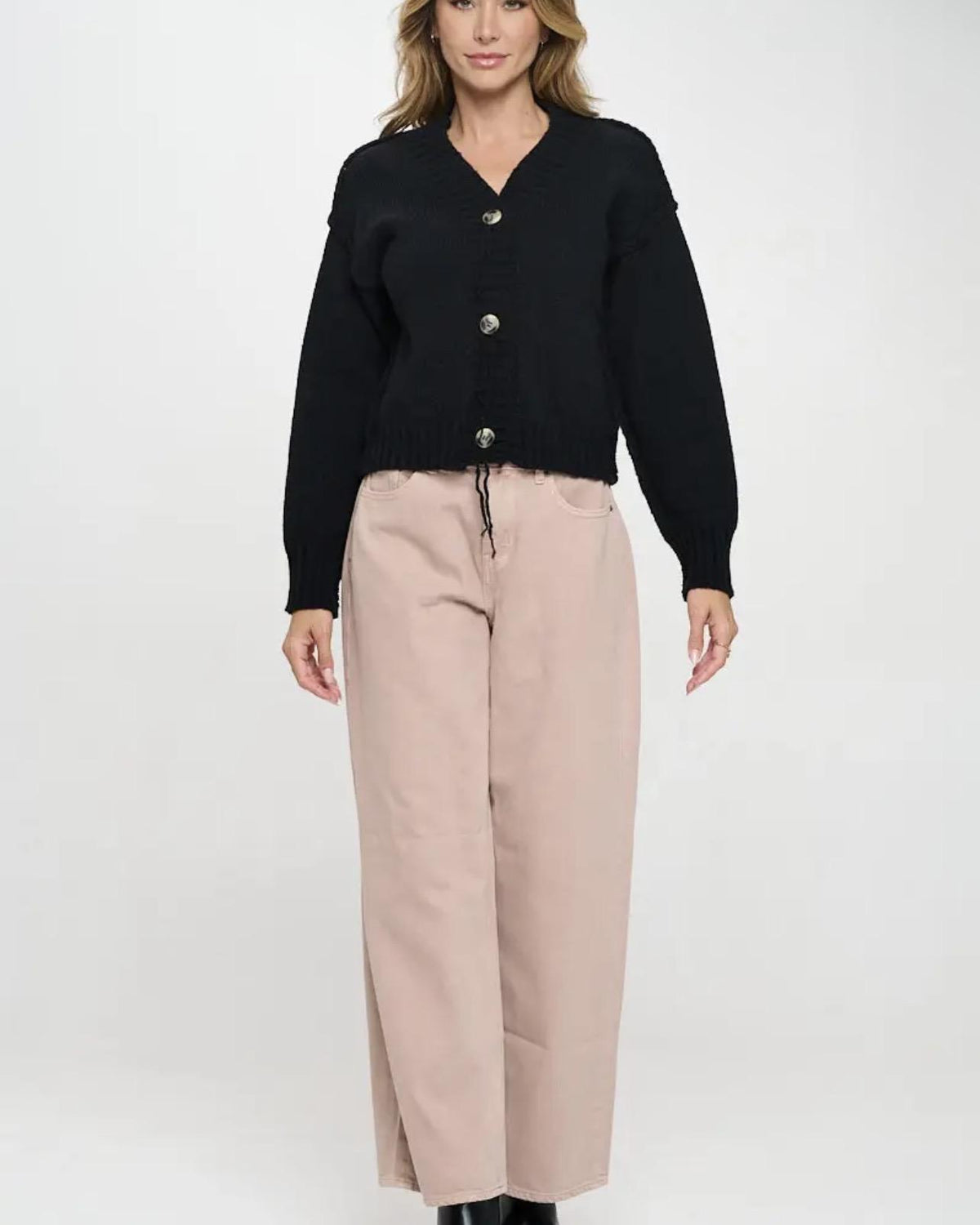 Renee C. Thick Knit Long Sleeve Cardigan with Buttons in Black