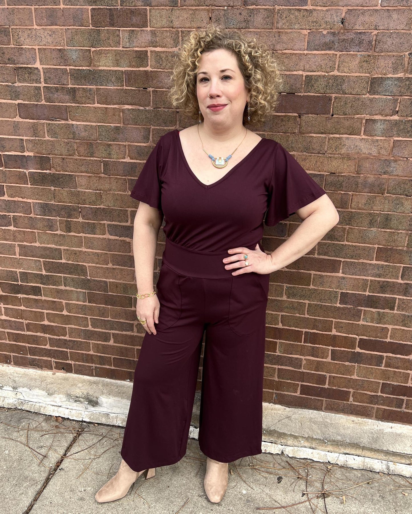 Squasht Jumpsuit with Bell Sleeves in Merlot