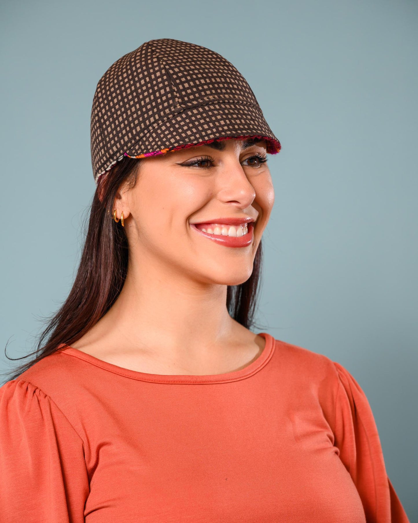 Squasht Reversible Bella Hat in Textured Burgundy & Fuchsia & Orange Stripes