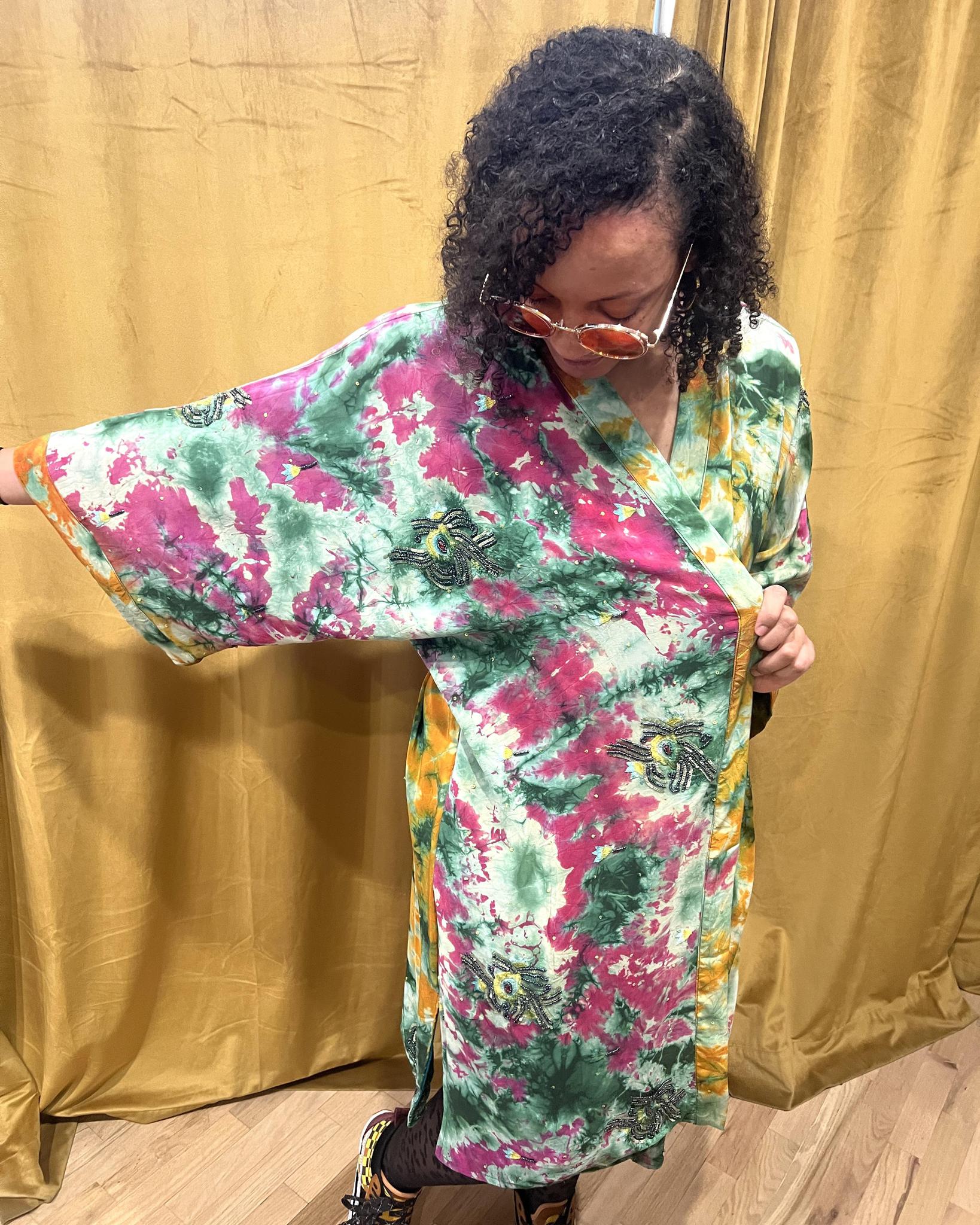 Indie Ella Double Flannery Lined Crepe Silk Kimono in Pink & Green