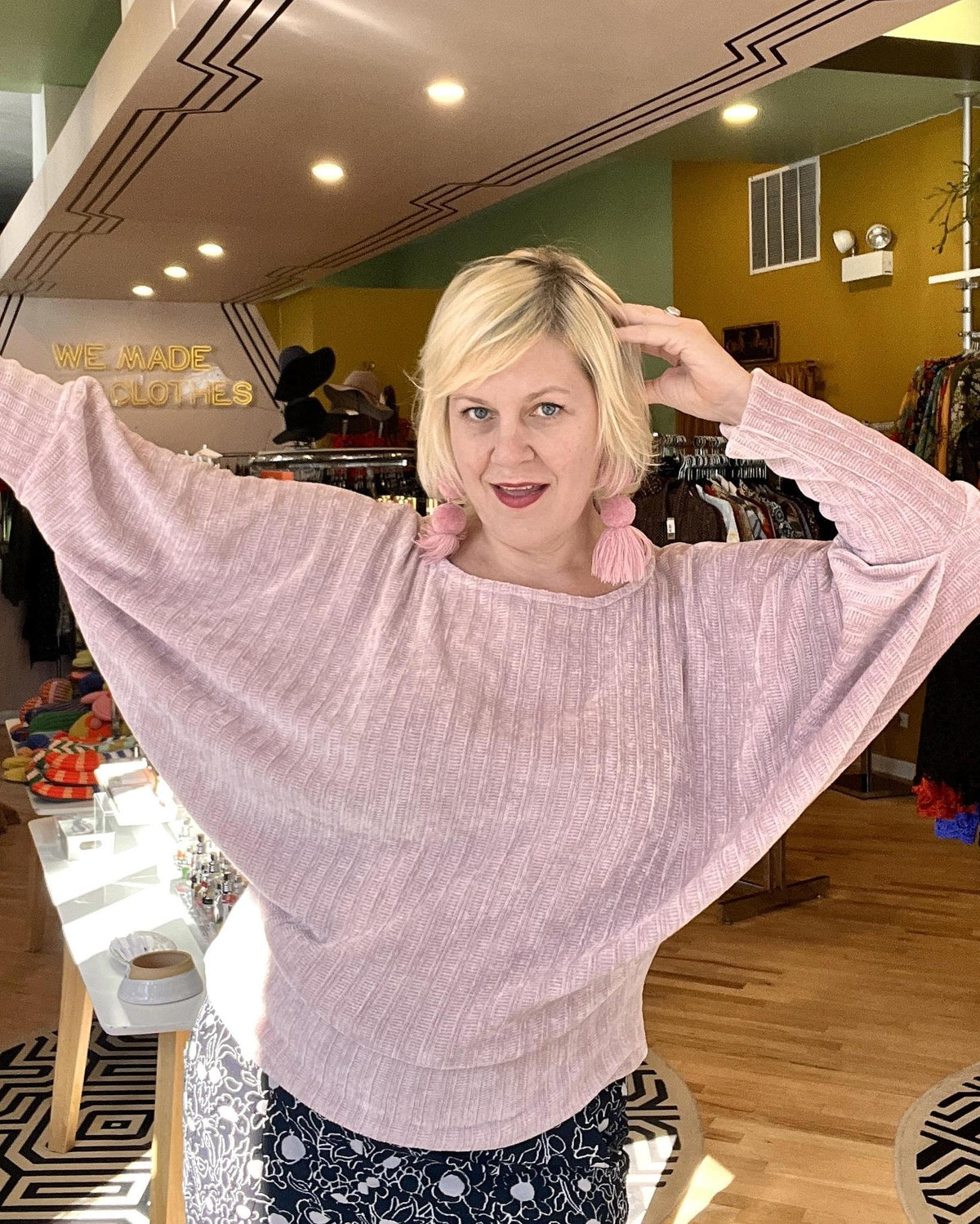 Squasht Batwing Sweater in Light Blush Pink Plush Chenille Rib Knit
